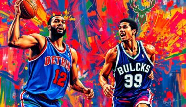 A dynamic, abstract painting in neon colors depicting the fast-paced action of an NBA basketball game, with players