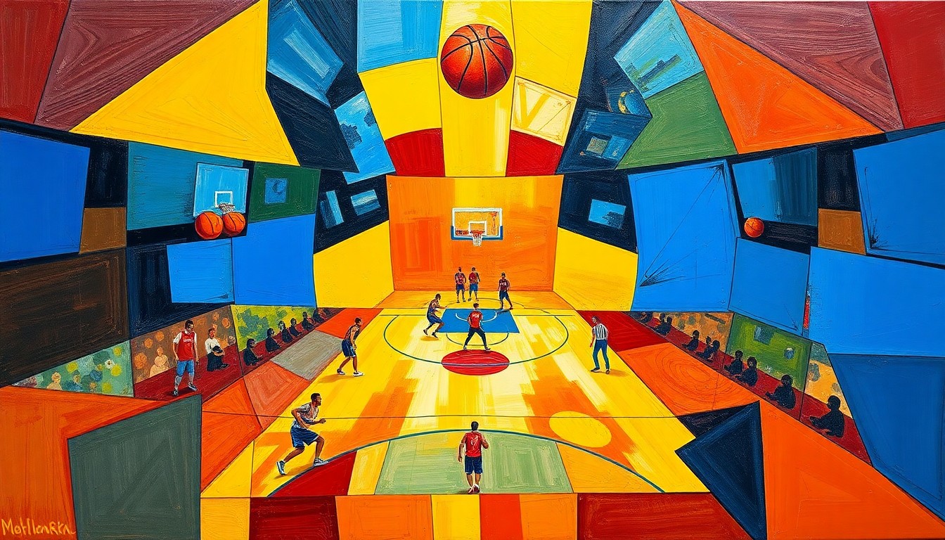 A fragmented, geometric painting in bold colors that captures the intensity and competing perspectives of a close NBA game in its final minutes.