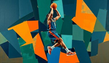 A fragmented, geometric painting depicting the dynamic movements of a basketball player, with sharp planes of navy, green, and orange intersecting to create a sense of energy and motion.