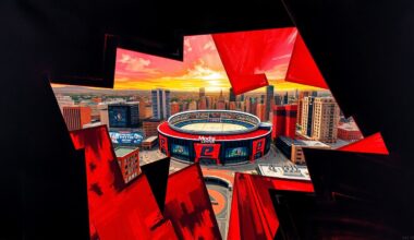 A fractured, geometric painting depicting the Moda Center arena and surrounding cityscape in a cubist style, using the team