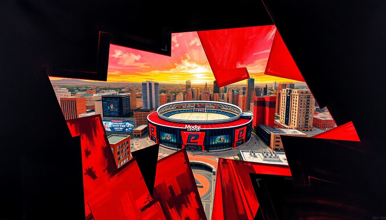 A fractured, geometric painting depicting the Moda Center arena and surrounding cityscape in a cubist style, using the team