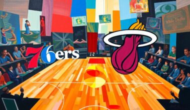 A cubist, geometric painting depicting a basketball game or match, with overlapping planes of color representing the teams involved, conveying the competitive tension and strategic maneuvering around a high-stakes trade.