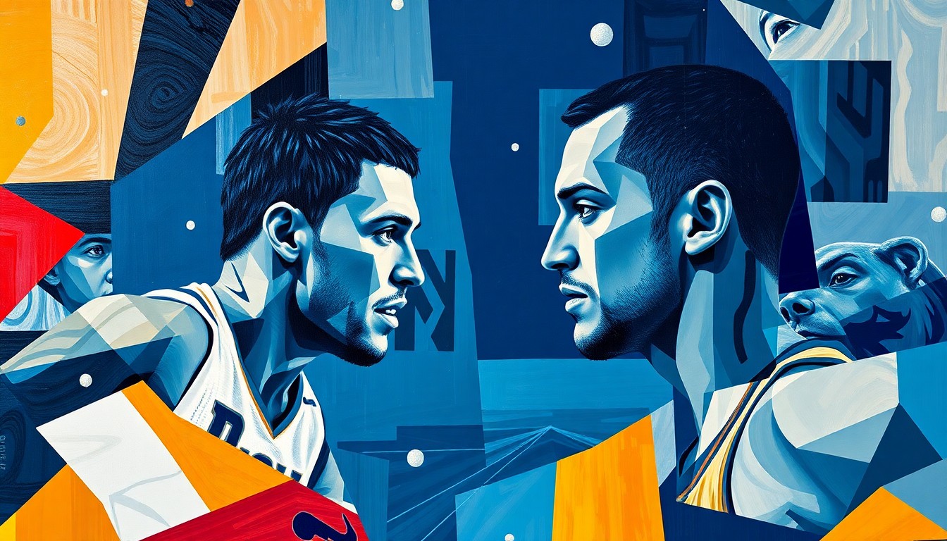 A fractured, multi-perspective painting depicting a basketball game between the Denver Nuggets and Memphis Grizzlies. The players and action are rendered in a cubist, deconstructed style using sharp, overlapping geometric planes and the official team colors of both squads, creating a conceptual illustration of the lopsided matchup.