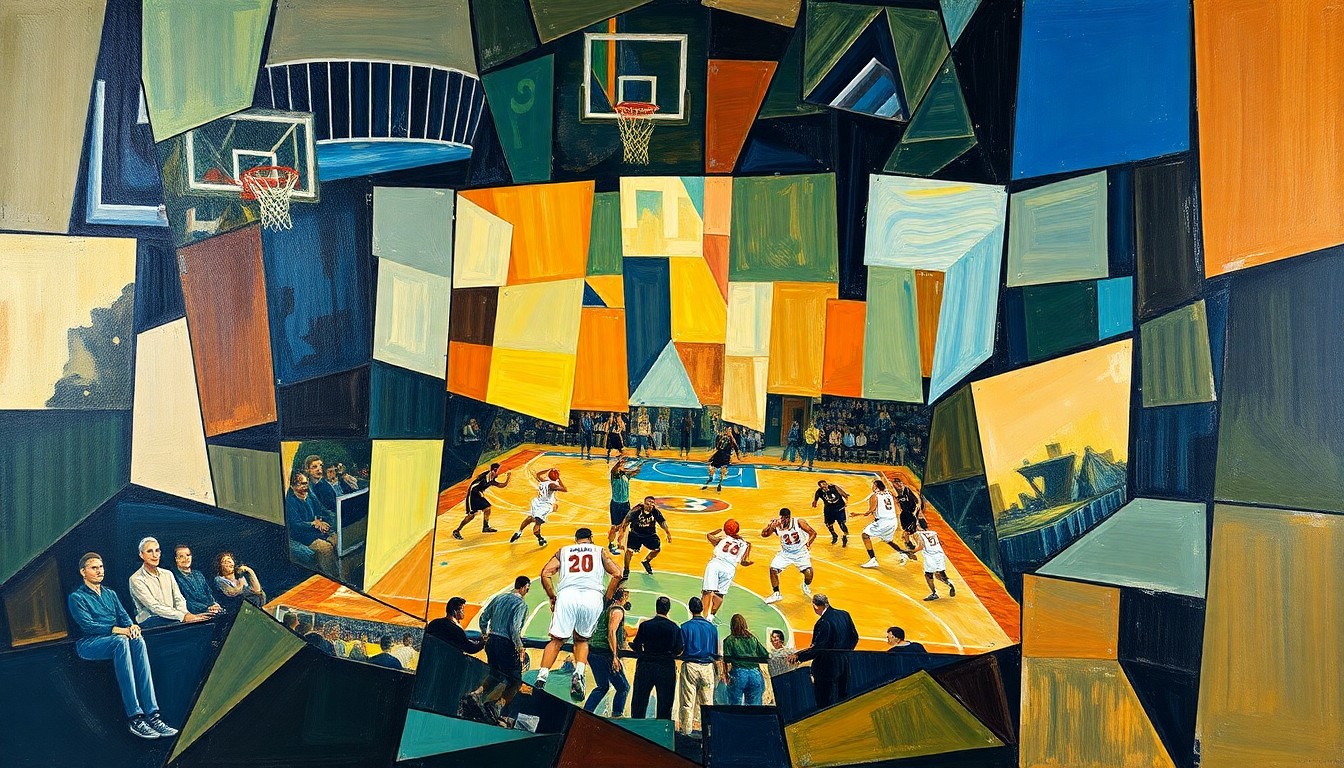 A cubist-style painting depicting a basketball game or match, with the players and court broken down into sharp, overlapping geometric shapes and planes in vibrant colors, conveying the chaotic and disjointed nature of the Miami Heat