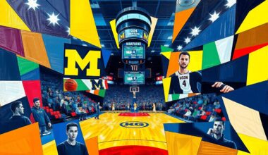 A cubist, geometric painting depicting the action and energy of the NCAA men