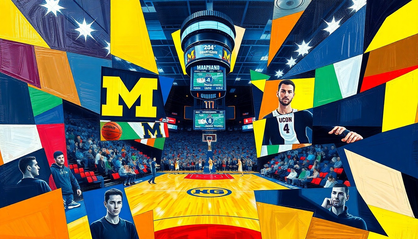 A cubist, geometric painting depicting the action and energy of the NCAA men