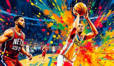 An abstract, expressionist painting featuring vibrant brushstrokes of neon colors that capture the raw energy and excitement of a professional basketball game, with the players