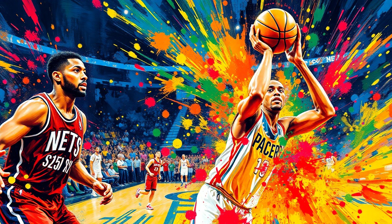 An abstract, expressionist painting featuring vibrant brushstrokes of neon colors that capture the raw energy and excitement of a professional basketball game, with the players