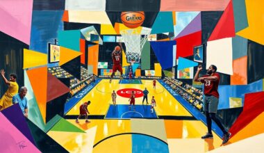 A fragmented, geometric painting depicting a basketball game, with players and the court broken down into sharp, overlapping planes of color, reflecting the complex and contested nature of the foul call under investigation.