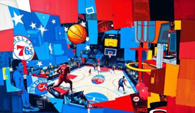A fragmented, geometric painting in bold primary colors depicting the action and movement of a basketball game between the Philadelphia 76ers and Houston Rockets.