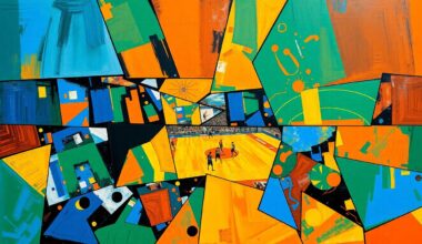 A fragmented, geometric painting depicting basketball players and draft prospects in overlapping, angular forms, conveying the complex decision-making process behind the Pelicans