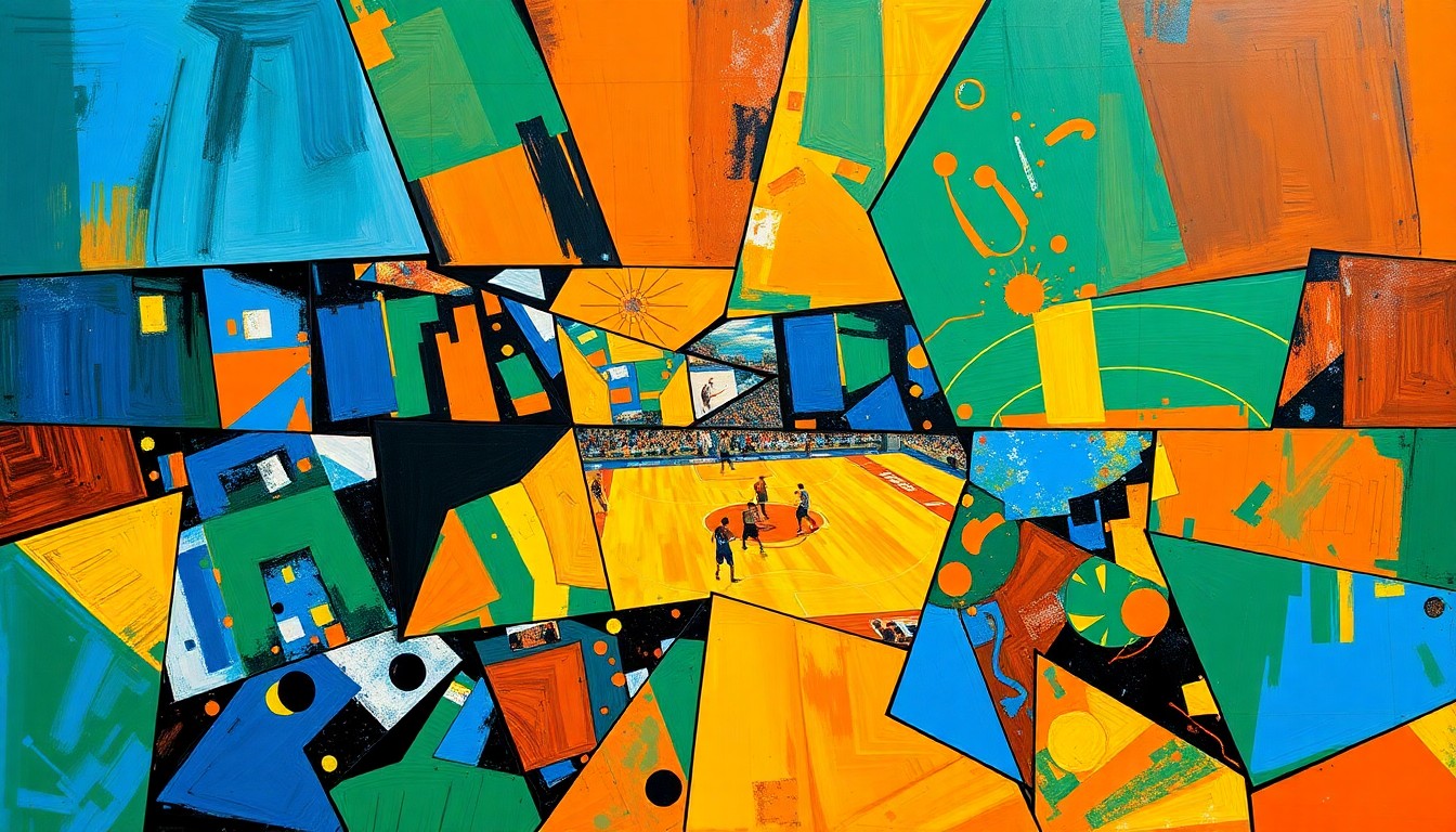 A fragmented, geometric painting depicting basketball players and draft prospects in overlapping, angular forms, conveying the complex decision-making process behind the Pelicans