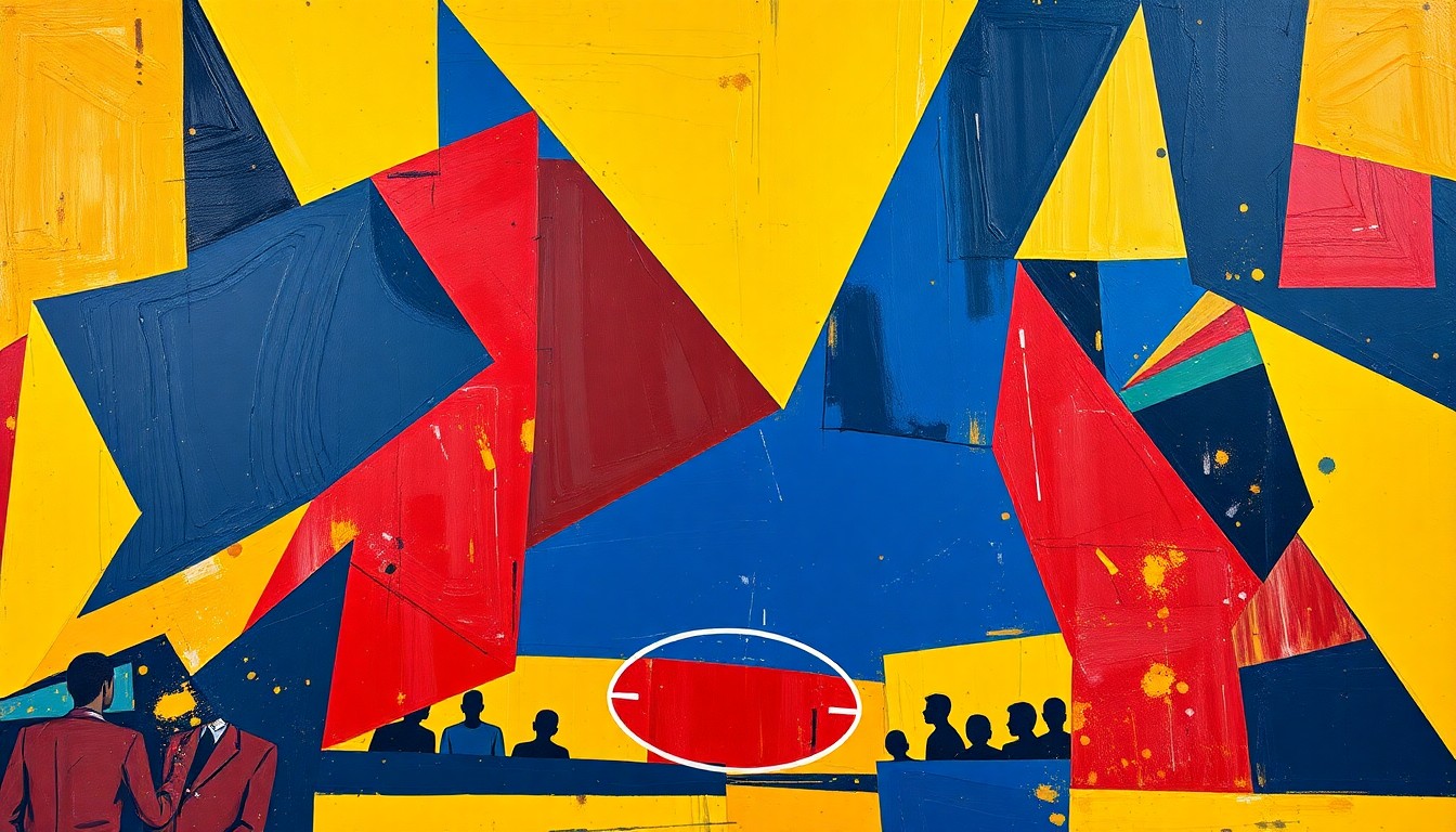 A cubist, geometric painting depicting fragmented basketball players and court elements in a palette of navy, crimson, and gold, conveying the intensity and unpredictability of the Hawks