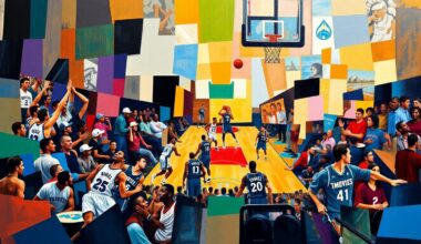 A fractured, multi-perspective painting in bold, vibrant colors representing the action and energy of a basketball game, with sharp, overlapping geometric shapes and planes.