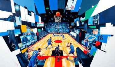 A cubist, geometric painting depicting a basketball game, with the players and court broken down into overlapping, angular shapes in the colors of the Magic and Timberwolves uniforms.