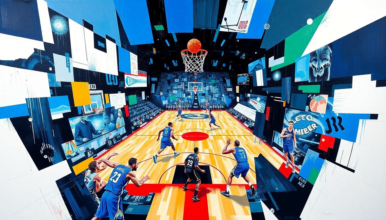 A cubist, geometric painting depicting a basketball game, with the players and court broken down into overlapping, angular shapes in the colors of the Magic and Timberwolves uniforms.