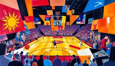 A cubist, geometric painting depicting overlapping and fragmented basketball players in motion, with the bright colors of the Suns and Mavericks uniforms.