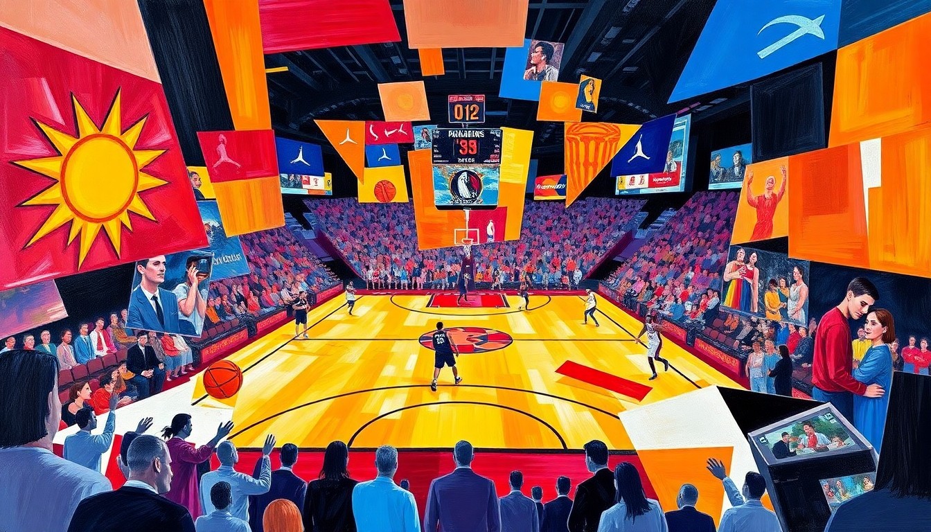 A cubist, geometric painting depicting overlapping and fragmented basketball players in motion, with the bright colors of the Suns and Mavericks uniforms.