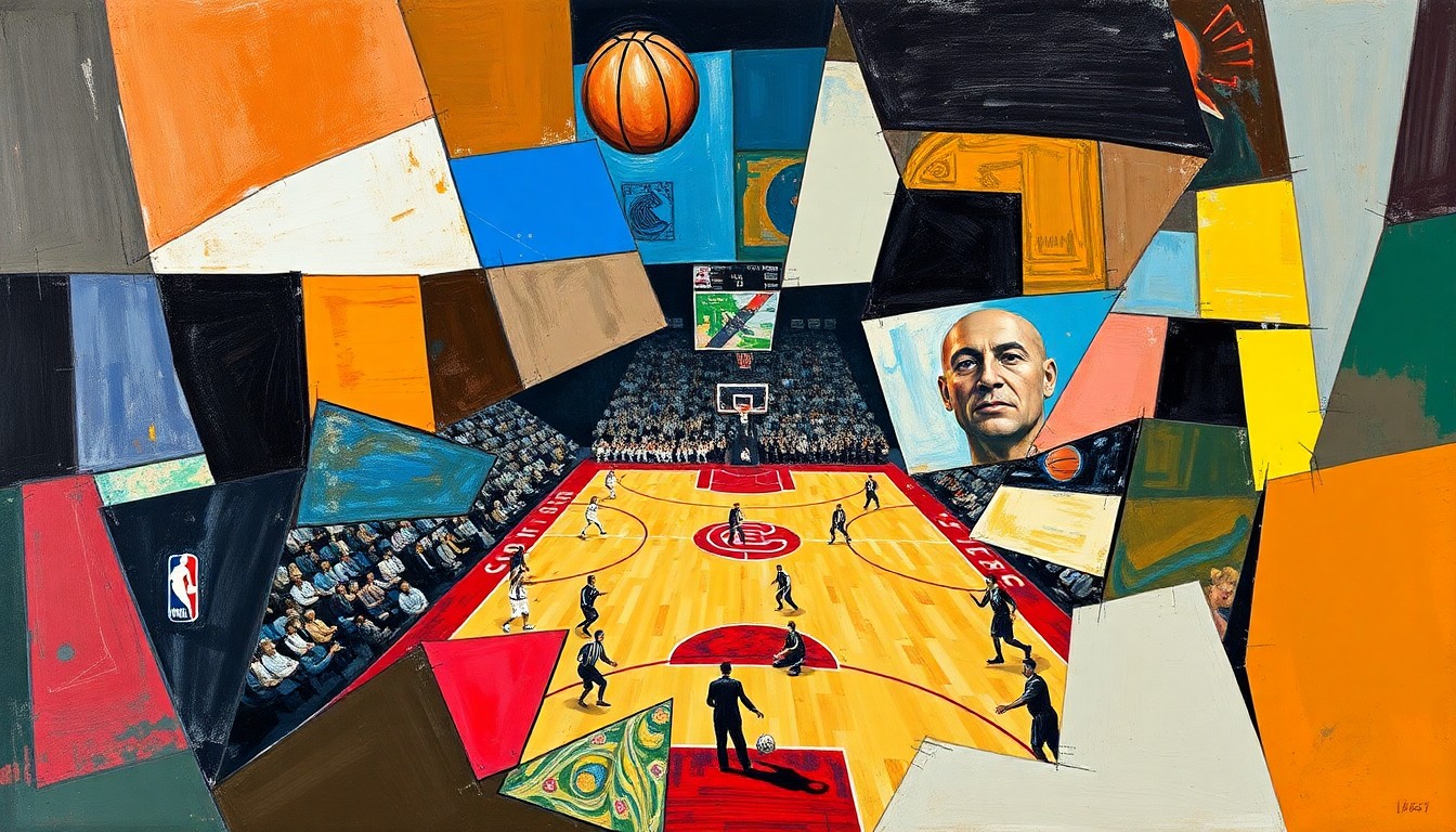A cubist-style painting depicting a basketball game between the Los Angeles Clippers and Portland Trail Blazers, with the players and court broken down into sharp, overlapping geometric shapes and planes of color, capturing the intensity and energy of the matchup.