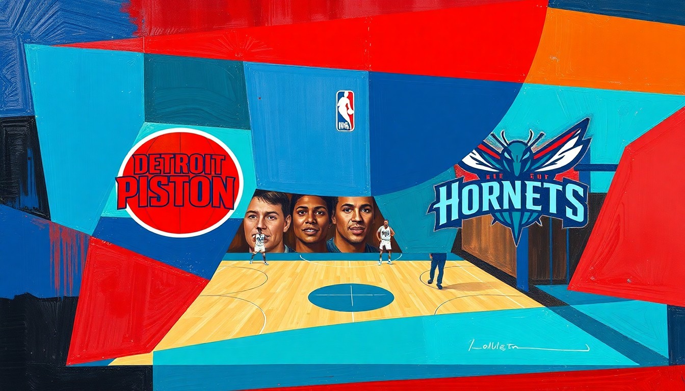 A cubist-style painting depicting a basketball game in progress, with the players and court broken down into sharp, overlapping geometric shapes in the team colors of blue, red, and teal.