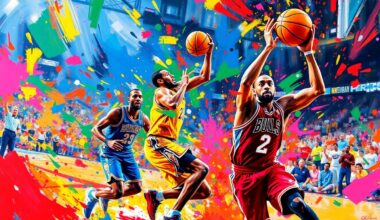 A dynamic, abstract painting in neon colors depicting the frenetic movement and energy of an NBA basketball game, with players