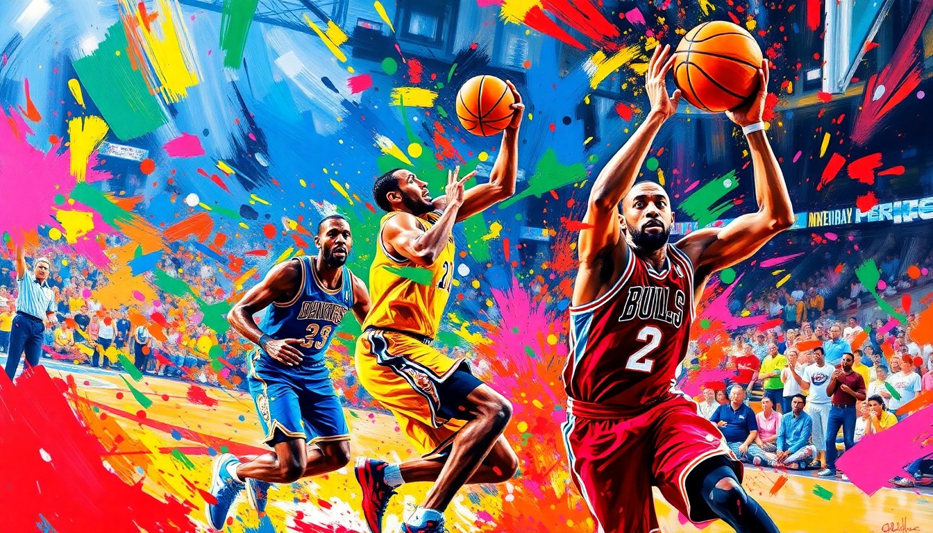 A dynamic, abstract painting in neon colors depicting the frenetic movement and energy of an NBA basketball game, with players