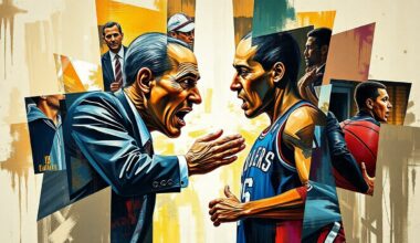 A cubist, geometric painting depicting the confrontation between a basketball coach and player, with sharp, overlapping planes of color and form representing the intensity and complexity of the situation.