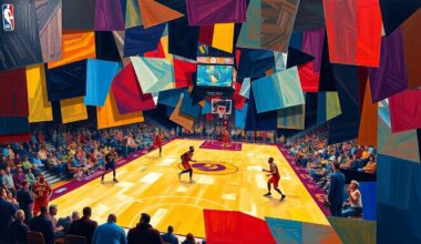 A fractured, multi-perspective painting breaking down a basketball game into sharp, overlapping geometric planes in vibrant colors representing the teams