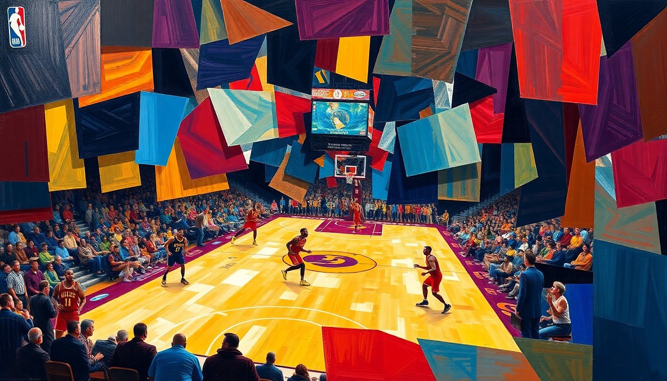 A fractured, multi-perspective painting breaking down a basketball game into sharp, overlapping geometric planes in vibrant colors representing the teams