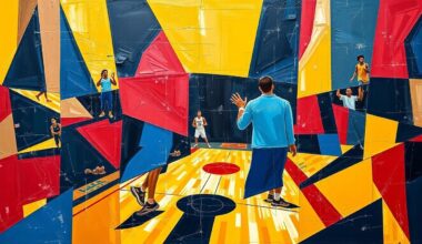 A fragmented, geometric painting in shades of blue, red, and yellow, depicting the dynamic action of a basketball game through Cubist-inspired shapes and planes, capturing the energy and uncertainty surrounding the Cavaliers