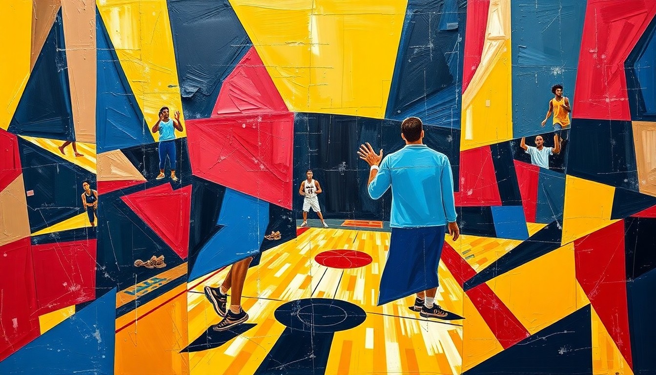 A fragmented, geometric painting in shades of blue, red, and yellow, depicting the dynamic action of a basketball game through Cubist-inspired shapes and planes, capturing the energy and uncertainty surrounding the Cavaliers
