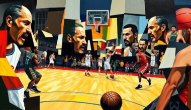 A fractured, multi-perspective painting depicting a basketball game, with the players and court broken down into sharp, overlapping geometric shapes and planes in a cubist style, conveying the evolving emphasis on versatility and positional value in the modern NBA.