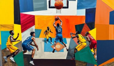 A fragmented, geometric painting depicting the chaotic energy of a basketball game, with players