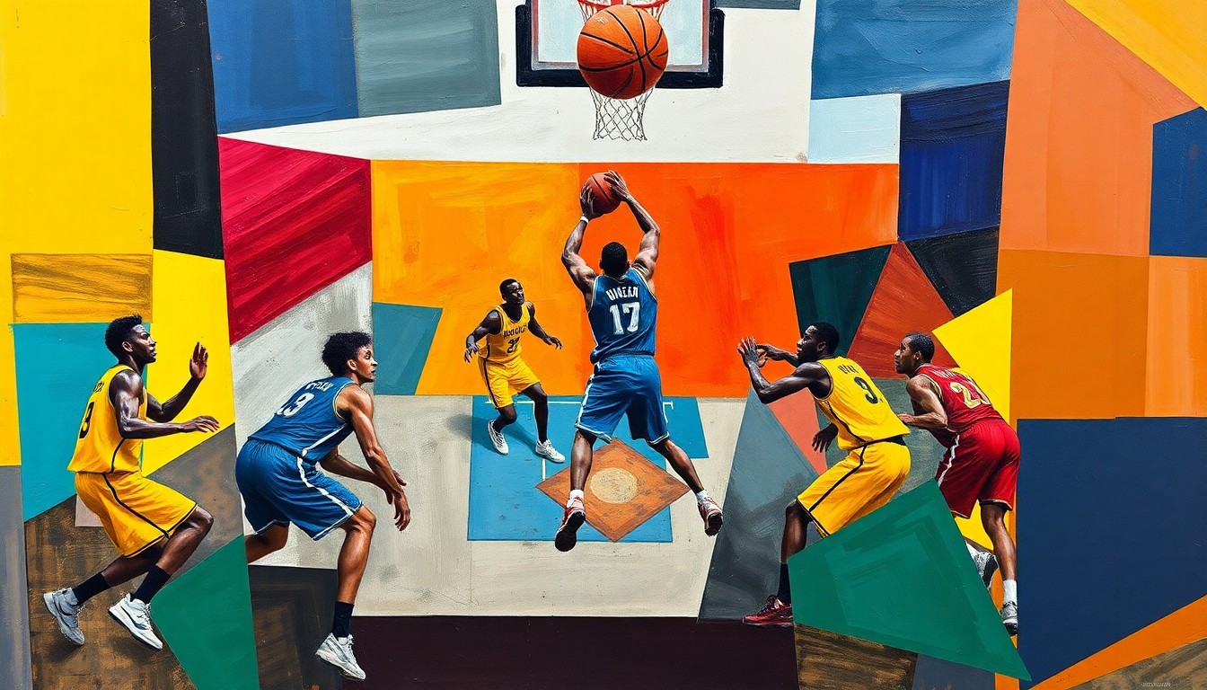 A fragmented, geometric painting depicting the chaotic energy of a basketball game, with players