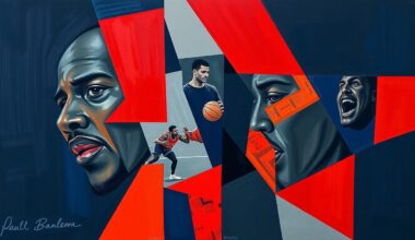 A fragmented, cubist-style painting depicting the collision between Victor Wembanyama and Paul George, with sharp geometric shapes and planes in shades of blue, red, and grey conveying the intensity of the moment.