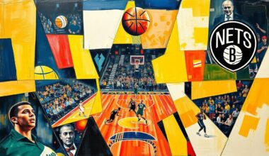 A cubist, geometric painting depicting a basketball game between the Indiana Pacers and Brooklyn Nets, with the players and court broken down into sharp, overlapping shapes and planes of color.