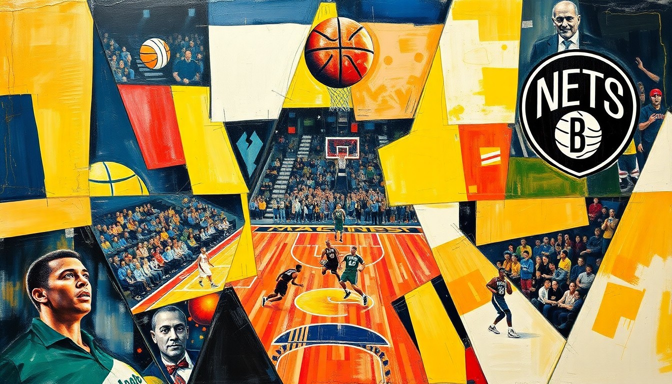 A cubist, geometric painting depicting a basketball game between the Indiana Pacers and Brooklyn Nets, with the players and court broken down into sharp, overlapping shapes and planes of color.
