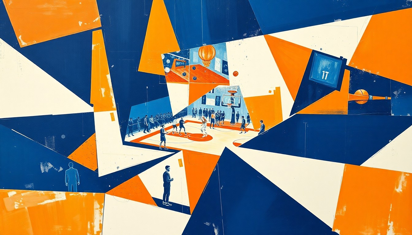 A fragmented, geometric painting in shades of navy, orange, and white, depicting the overlapping movements and perspectives of a basketball player in action.