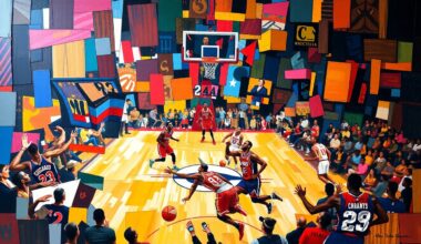 A cubist, multi-perspective painting featuring fragmented, overlapping geometric shapes in the colors of the Chicago Bulls and Washington Wizards uniforms, capturing the abstract energy of a basketball game between the two teams.