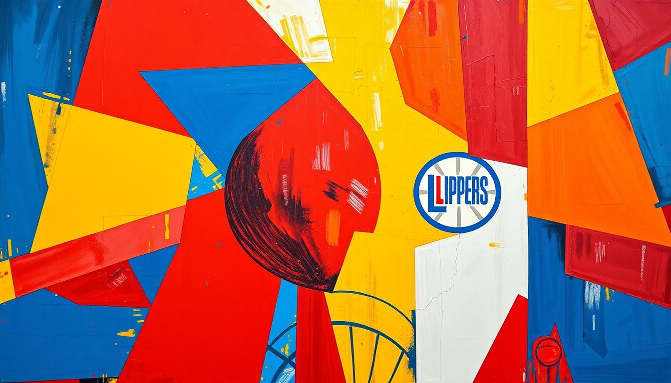 A cubist, geometric painting depicting a basketball game between two teams, with sharp, overlapping planes of color representing the intense competition and high stakes of the matchup.