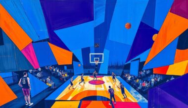 A cubist, geometric painting depicting a fragmented basketball game, with sharp planes of color representing the dynamic action on the court.