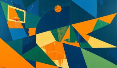 A fragmented, geometric painting depicting a basketball game or match, with sharp planes of navy blue, forest green, and burnt orange overlapping to create a sense of motion and chaos, reflecting the internal challenges of intentionally losing games.