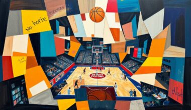 A fragmented, cubist-style painting depicting a basketball game between the Detroit Pistons and Charlotte Hornets, with the players and court broken down into sharp, angular geometric shapes and planes of color.
