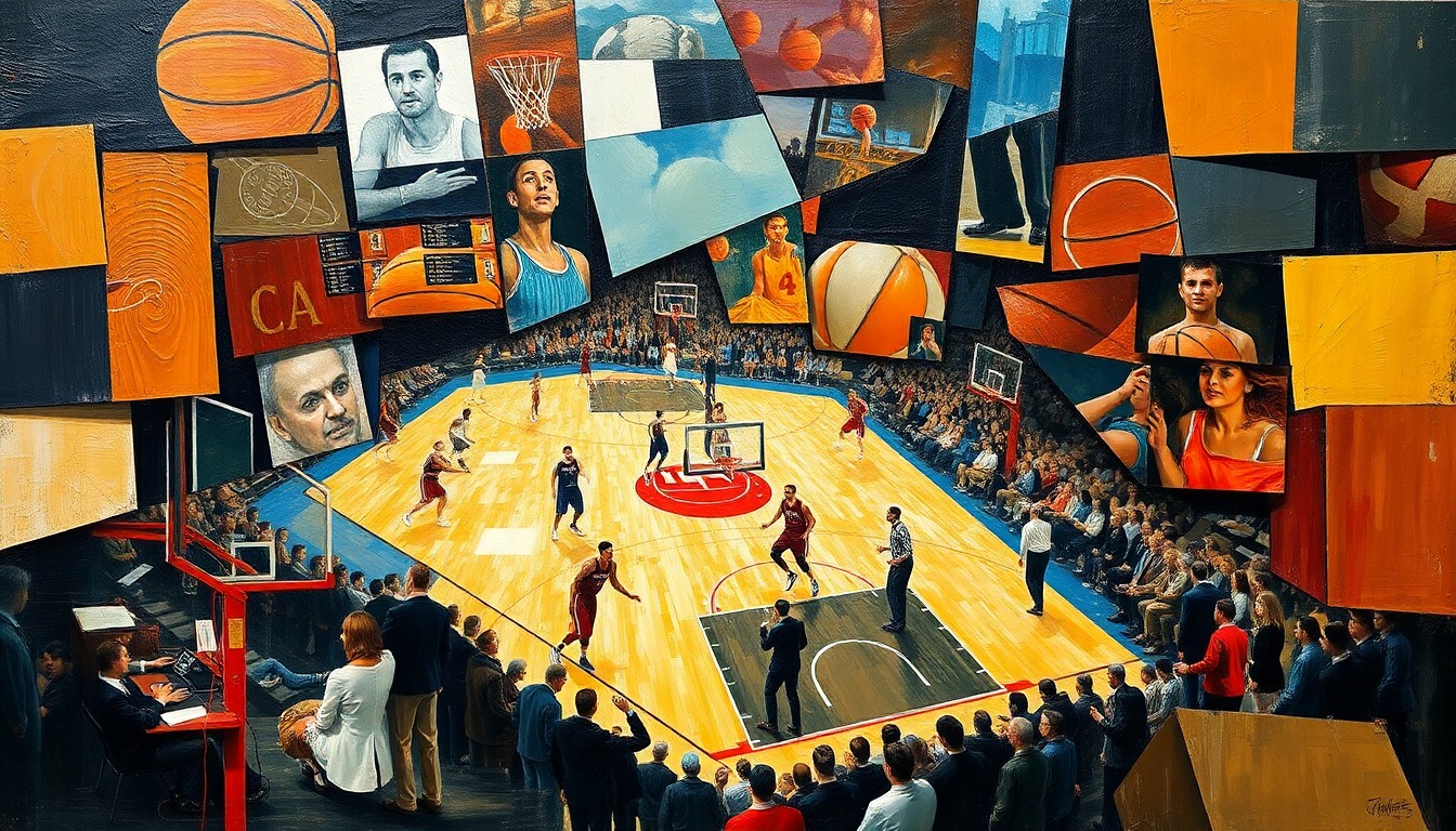 A fragmented, geometric painting depicting a basketball game, with sharp planes of color and form representing the dynamic action on the court.
