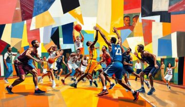 A cubist, geometric painting depicting the abstracted forms of basketball players in motion, with sharp, overlapping planes of color and shape conveying the energy and dynamism of the sport.