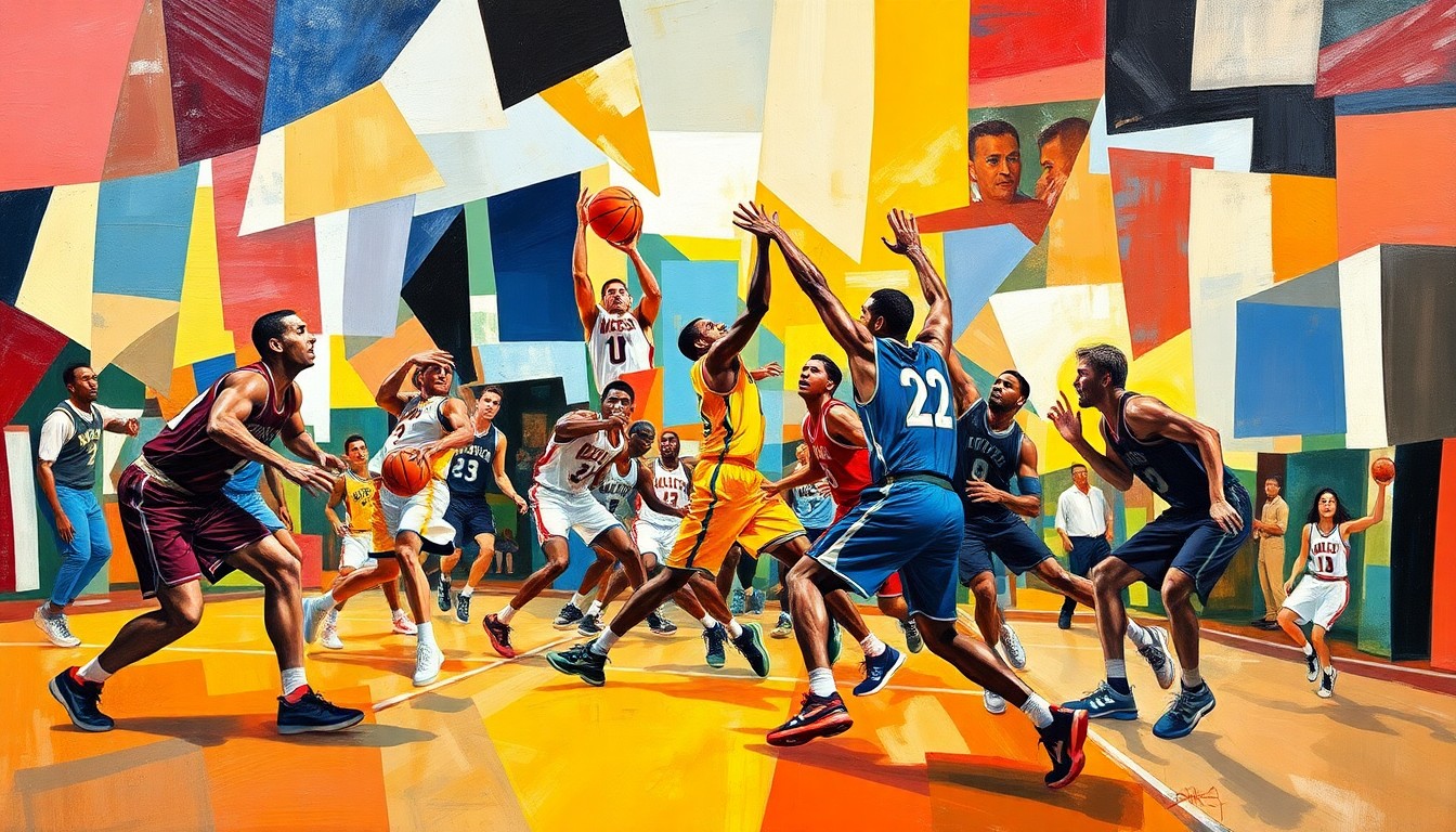 A cubist, geometric painting depicting the abstracted forms of basketball players in motion, with sharp, overlapping planes of color and shape conveying the energy and dynamism of the sport.