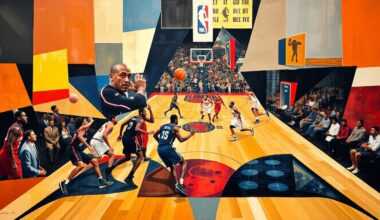 A fractured, multi-perspective painting depicting a basketball game between the Clippers and Trail Blazers, with the players