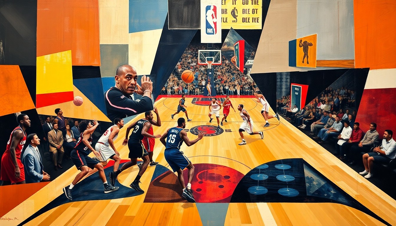 A fractured, multi-perspective painting depicting a basketball game between the Clippers and Trail Blazers, with the players