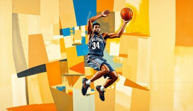 A cubist, geometric painting depicting the fragmented movements and actions of a basketball player, conveying the difficulties of developing young talent prone to injury.