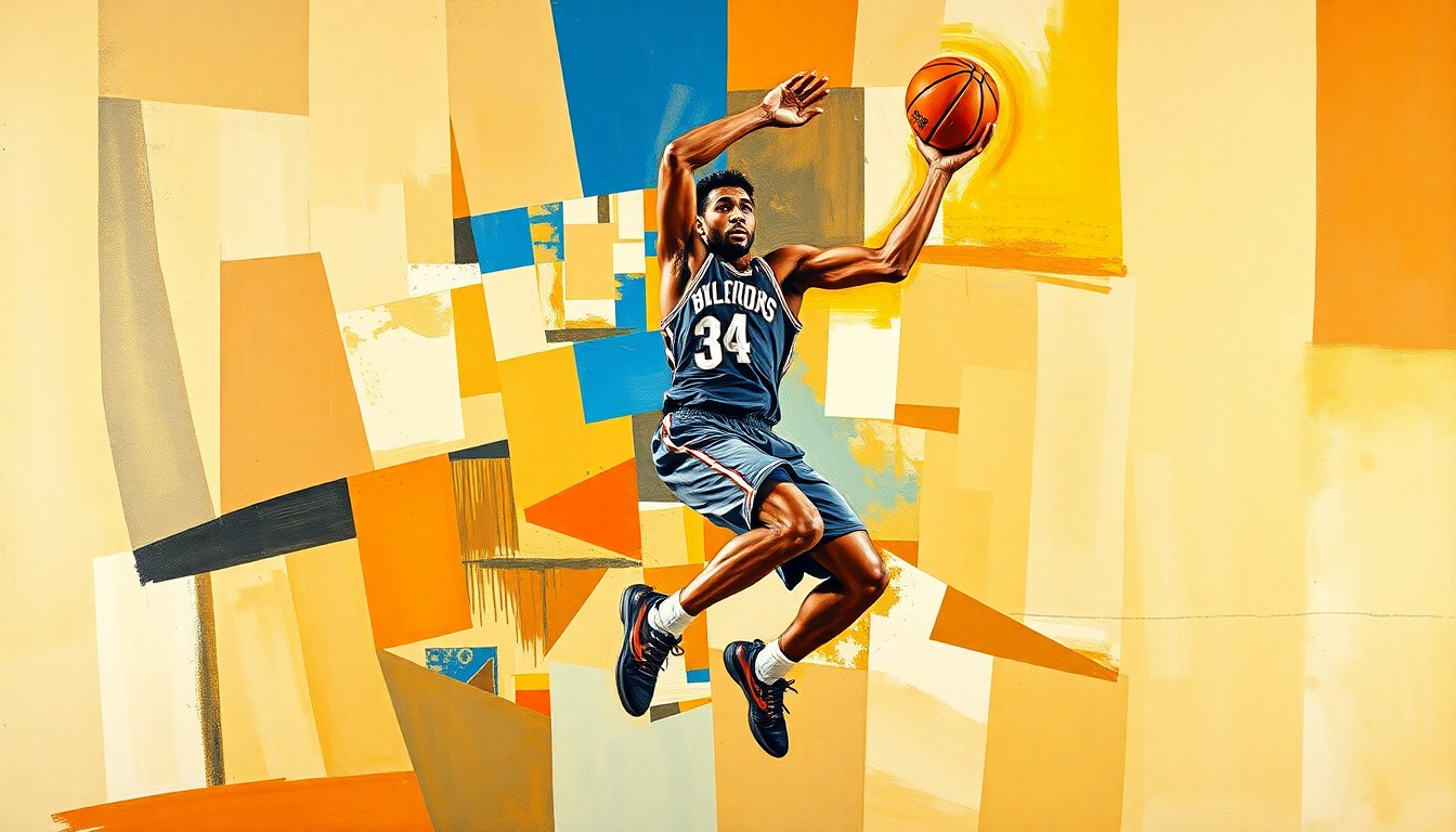 A cubist, geometric painting depicting the fragmented movements and actions of a basketball player, conveying the difficulties of developing young talent prone to injury.